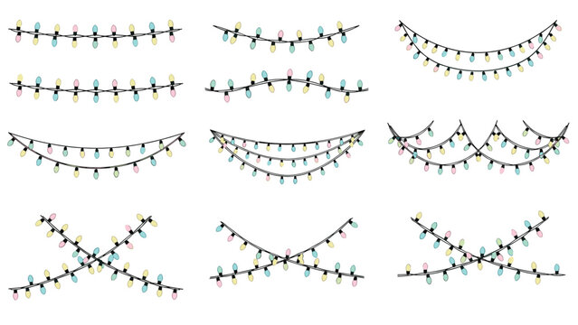 Various arrangements of festive string lights with colorful bulbs shown in a charming hand-drawn colored line art style.