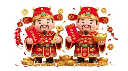 Naklejka premium Two Chibi God of Wealth Holding Red Envelope 3D Illustration for Asian Lunar New Year, pure white background