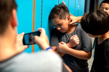 Bullying scene in school hallway.