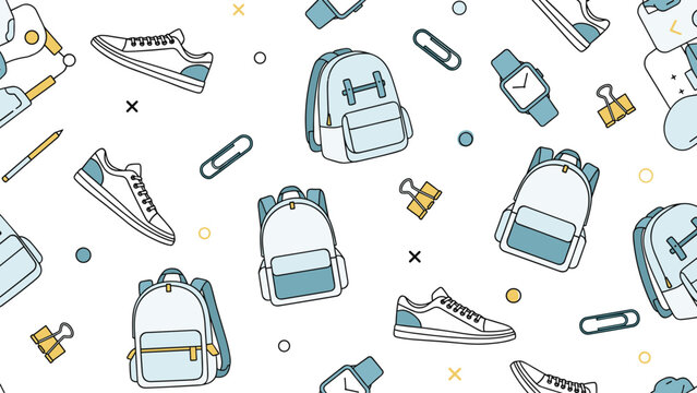 Cheerful seamless pattern of school supplies including backpacks and sneakers in a colorful and simple line art style.
