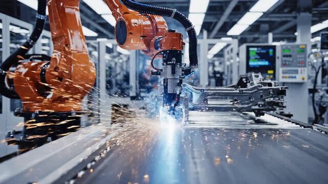 Robotic arm assembling car chassis on conveyor belt in factory