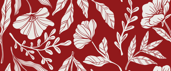 Leaves branch and Hand Drawn doodle Scribble floral plants banner. seamless pattern. Creative minimalist Abstract art background. Design wall decoration, postcard, poster or brochure © Hulinska Yevheniia