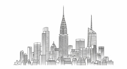 Fototapeta premium Detailed ink sketch of a city skyline with iconic skyscrapers and varying building heights