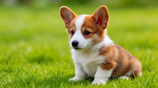 Adorable Pembroke Welsh Corgi puppy sitting on vibrant green grass, looking directly at camera with big curious eyes &mdash; perfect for pet, lifestyle, and nature themes.