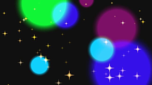 Glowing colorful bokeh lights shine brightly in a dark space with sparkles.
