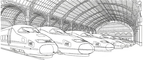 Obraz premium Stylized line art of multiple high-speed trains docked inside a grand station