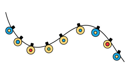 Colorful and festive string of party lights with glowing bulbs in blue, yellow, and red colors arranged in a wave for celebration backgrounds.