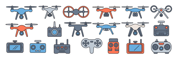 Fototapeta premium Drone components and quadcopter accessories icon bundle – Suitable for e-commerce sites, tech reviews, or aviation brochures.