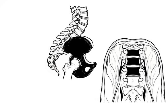 Anatomical illustration of the human pelvis and lumbar spine