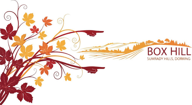 Autumnal vine branches point toward a stylized landscape with text