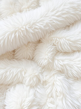 Soft white fluffy fur covering used as a cozy interior decor element, ideal for textile backgrounds