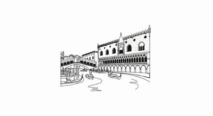 Fototapeta premium Ornate canalside palace and bridge with gondolas, a classic European cityscape
