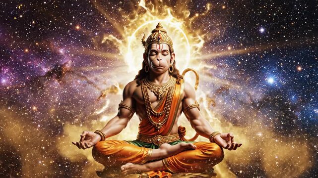 Digital art of lord hanuman meditating peacefully with a golden aura in a cosmic starry galaxy, celebrating hanuman jayanti.