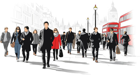 Obraz premium Stylized illustration of a busy urban street with pedestrians and iconic red double-decker buses