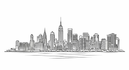 Stylized black and white sketch of a city skyline with diverse tall buildings