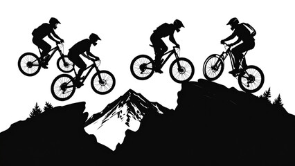Naklejka premium Mountain Biker Silhouettes on Rocky Terrain – Outdoor Cycling Adventure Vector