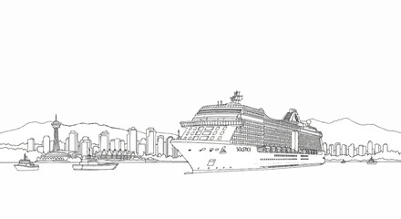 Fototapeta premium Sketch of a large cruise ship at sea with a city skyline and mountains in the background