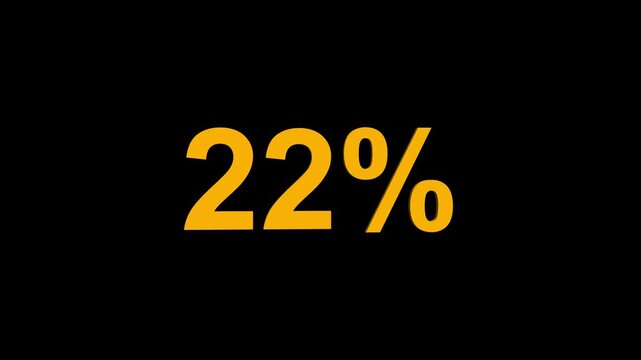 Yellow twenty two percent symbol with subtle 3D effect on a solid black background representing data or a statistic