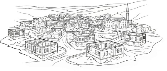 Fototapeta premium An aerial sketch of a hillside town with traditional houses and a domed mosque