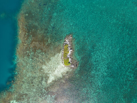 Aerial view of a small island with lush green vegetation surrounded by turquoise waters and coral reefs at Camar Rock Island, Jepara Regency, Central Java, Indonesia.