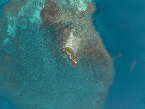 Aerial view of a small island with vibrant green vegetation surrounded by turquoise waters and coral reefs at camar rock island, Jepara Regency, Central Java, Indonesia.