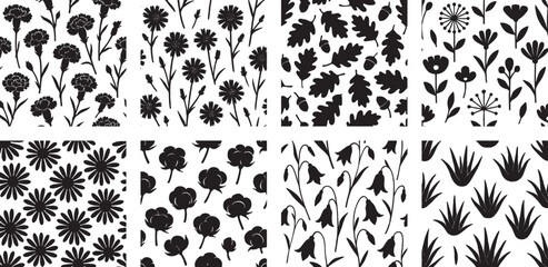 Floral Silhouette Seamless Pattern Set with Carnations and Oak Leaves © HM
