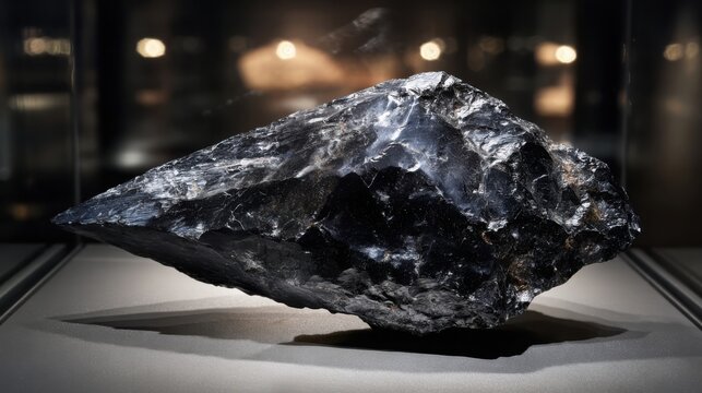 A sharp, chipped obsidian arrowhead fragment with dark, textured surface