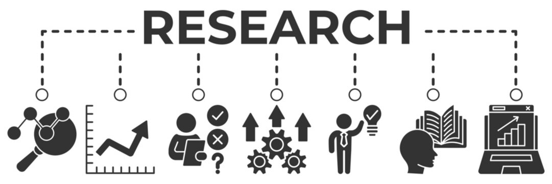 Research banner web icon vector illustration for analysis and innovation concept with investigation, data analysis, problem solving, experiment, idea generation and scientific study icons