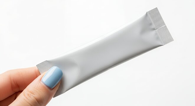 Hand holding a white blank stick sachet package on a white background, ideal for product mockups and branding presentations.