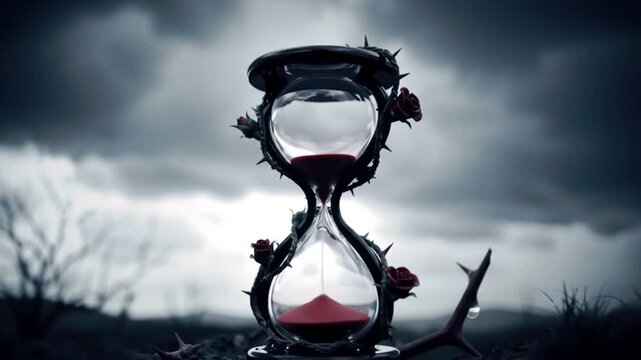 Hourglass with thorny vines and dark roses measures dwindling sand.