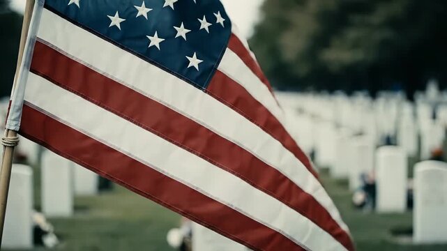 American Flag With Cemetery Headstones Minimal Memorial Remembrance Scene