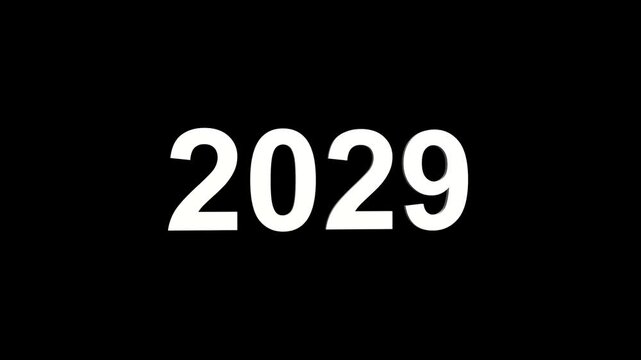 Bold white year 2029 numeral with a3D extrusion effect set against a stark black background representing future dates