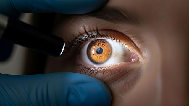 Close-up of doctor checking patient's pupil response with penlight in dark room.