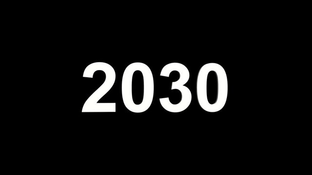 Clean white 3D numbers 2030 prominently displayed against a stark black background signifying the future year or a new decade with clear visual impact
