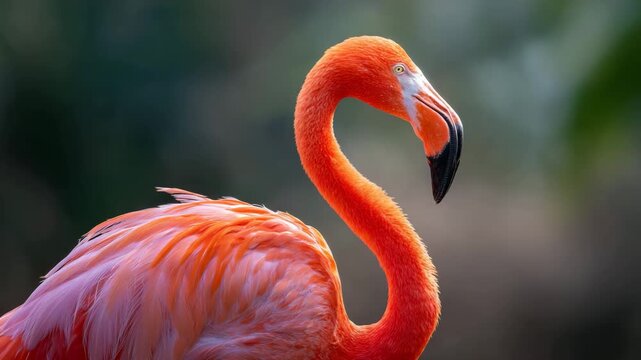 Vibrant pink flamingo bird with long neck and beak in profile view outdoors