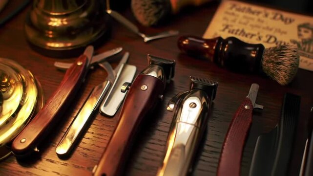 Vintage grooming tools including razors and clippers laid out on wood.