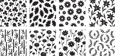 Botanical Silhouette Seamless Pattern Collection with Clover and Oak © HM