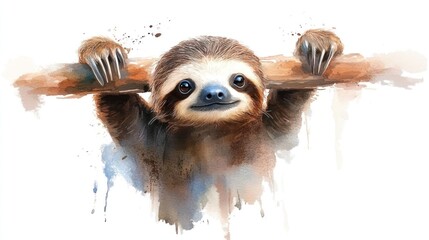 Fototapeta premium Sloth hanging from branch watercolor illustration art