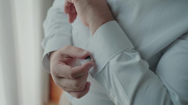 Close view of man hand securing cufflink on white dress shirt sleeve while dressing for formal occasion indoors