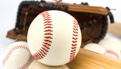 Baseball equipment including a bat glove and several balls on a white background