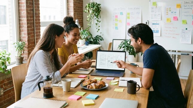 Small creative team discussing ideas around laptop with notes and coffee on table, modern startup workspace, teamwork collaboration concept