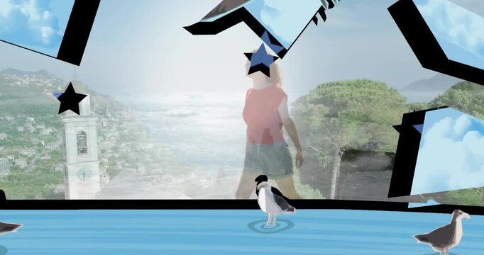 Walking woman red top shorts crossing ghosted coast with seagulls blue strip black stars hip bag