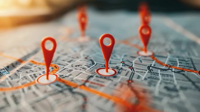 Map with red location pins and route line