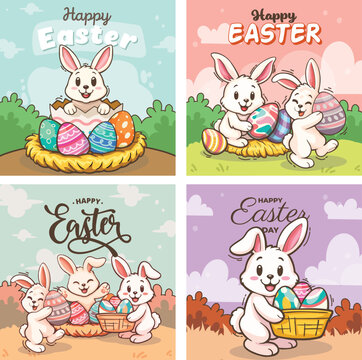 Cute Easter Bunny Cartoon Set with Colorful Easter Eggs and Basket Illustration [Converted]