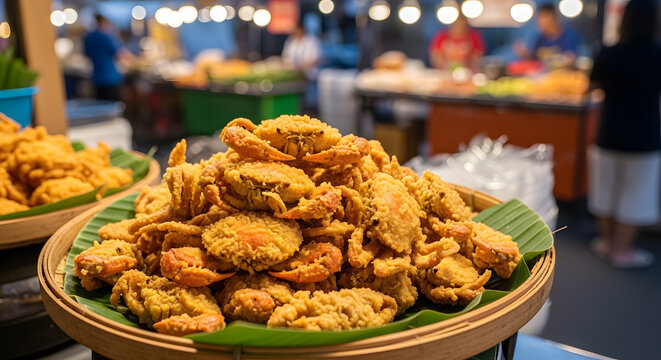 A pile of crunchy deep fried small crabs served on green leaves at an outdoor market