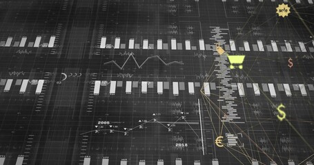 Fototapeta premium Displaying central data map on dark grid plane, showing bar charts, line graphs and yellow icons