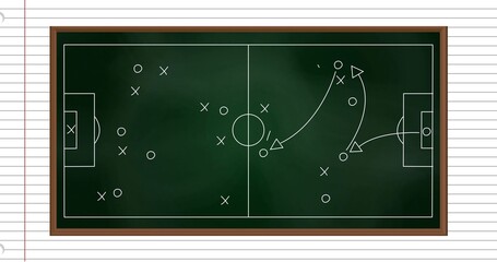 Framed green chalkboard revealing soccer tactics, chalk arrows animating X and O toward goal