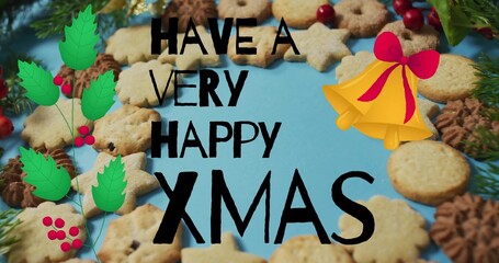 Displaying central black handwritten greeting on blue paper with cookies, holly, pine sprigs, bells © vectorfusionart