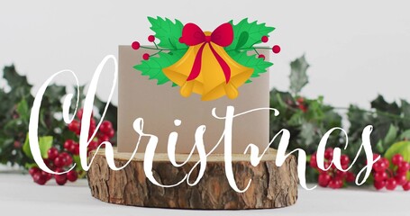 Showing kraft box resting on wood slice at white table with holly red-berries bells Christmas text © vectorfusionart