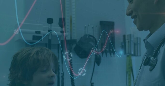 Smiling boy talking to doctor in exam room wearing collared shirt, with stethoscope, copy space